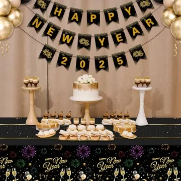 New Year Decorations 2025,Happy New Year Banner with Shiny Letters, 2025 New Year Eve Party Supplies, Premium Black and Gold Party Decorations for New Year Holiday Indoor Outdoor