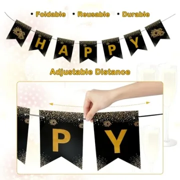 New Year Decorations 2025,Happy New Year Banner with Shiny Letters, 2025 New Year Eve Party Supplies, Premium Black and Gold Party Decorations for New Year Holiday Indoor Outdoor