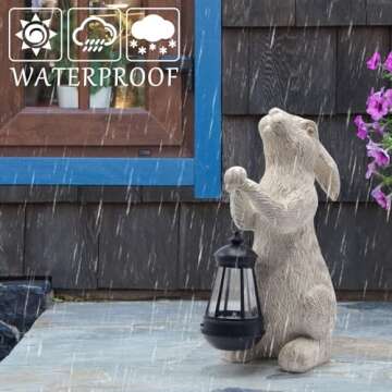 REYISO Garden Statues Rabbit with Solar Lights-Bunny Figurine Outdoor Easter Decorations Rabbit Deco...