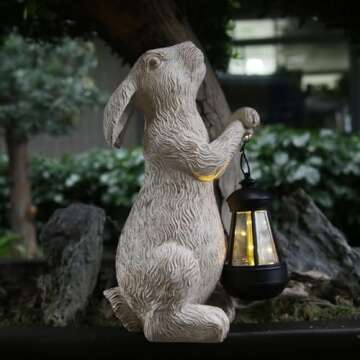 REYISO Garden Statues Rabbit with Solar Lights-Bunny Figurine Outdoor Easter Decorations Rabbit Decor for Lawn,Balcony-Yard Art Garden&Patio Decor,Unique Housewarming&Birthday Gifts for Women