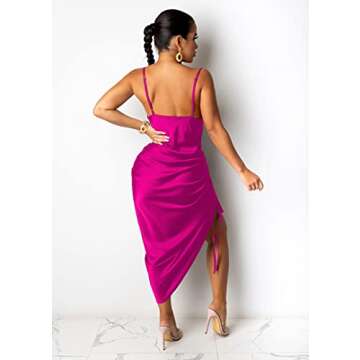 WUSENST Women's Spaghetti Strap Satin Dress Sexy Backless Drawstring Ruched Split Hem Cocktail Evening Party