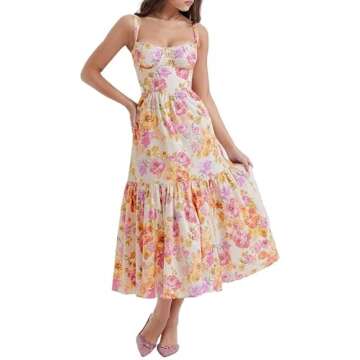 Women’s Floral Corset Midi Dress Summer Boho Square Neck Low Cut Spaghetti Strap Slit Cottagecore ...