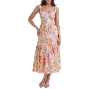 Women’s Floral Corset Midi Dress Summer Boho Square Neck Low Cut Spaghetti Strap Slit Cottagecore Bustier Sundress