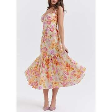 Women’s Floral Corset Midi Dress Summer Boho Square Neck Low Cut Spaghetti Strap Slit Cottagecore Bustier Sundress