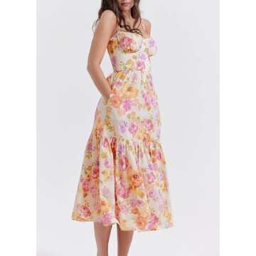 Women’s Floral Corset Midi Dress Summer Boho Square Neck Low Cut Spaghetti Strap Slit Cottagecore Bustier Sundress