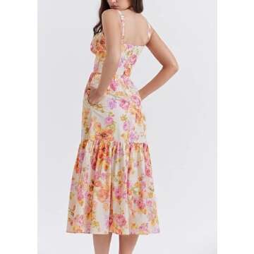 Women’s Floral Corset Midi Dress Summer Boho Square Neck Low Cut Spaghetti Strap Slit Cottagecore Bustier Sundress