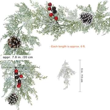 Winly 2 Pcs Artificial Snowy Cedar Garland with Pine Cones and Red Berries Christmas Greenery Garlan...