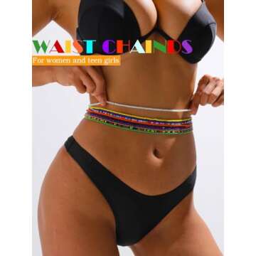 TWINKLEDE Elastic Beads Belly Waist Chain Colorful Beaded Body Chains Set Festival Rave Summer Bikin...