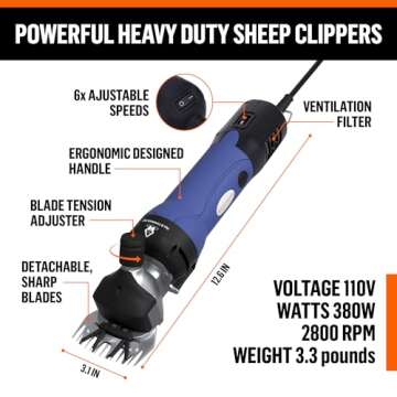 Professional Electric Sheep Shears - 6 Speed Heavy Duty Clippers for Grooming