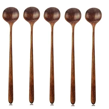 Long Spoons Wooden, 5 Pieces Korean Style 10.9 inches 100% Natural Wood Long Handle Round Spoons for...