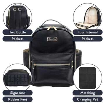 Itzy Ritzy Mini Diaper Bag Backpack – Chic Mini Diaper Bag with Changing Pad, 8 Total Pockets (4 Internal and 4 External), Grab-Top Handle and Rubber Feet (Black)