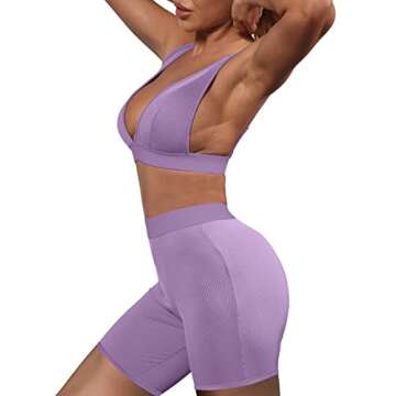 Ekaliy Women's Workout Outfit 2 Pieces Workout Shorts Set Ribbed Crop Tank High Waist Yoga Sets Short Purple Medium