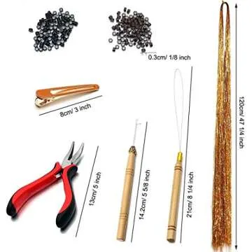 Hair Tinsel Strands Kit,12 Colors 2400 Strands Tinser Hair Extensions Pliers Pulling Hook Bead Device Tool Kits Hairpin 200pcs Black Brown Silicone Lined Micro Rings for Girls Women Fashion