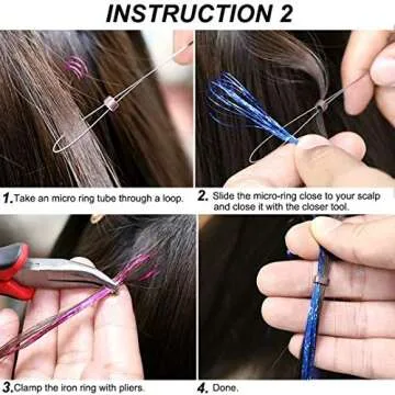 Hair Tinsel Strands Kit,12 Colors 2400 Strands Tinser Hair Extensions Pliers Pulling Hook Bead Device Tool Kits Hairpin 200pcs Black Brown Silicone Lined Micro Rings for Girls Women Fashion