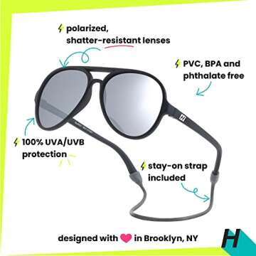 Hipsterkid Aviator Sunglasses Kids Toddler Polarized Sunglasses Shatter-Resistant Lenses Stay-On Str...