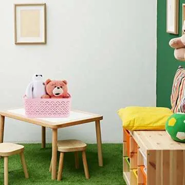 STARVAST 5 Pack Plastic Storage Baskets, Portable Pink Fish Scale Pattern Hollow Desktop Storage Bin Box with Handle for Kitchen, Bathroom, Kids Room or Nursery Storage – 9.4 x 7.1 x 4.1 inches