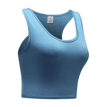 OThread & Co. Women's Basic Crop Tops Stretchy Casual Scoop Neck Racerback Sports Crop Tank Top (Large, Denim Blue)