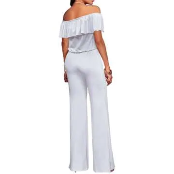 Hybrid & Company Women Casual Off Shoulder High Waist Pants Romper Wide Leg Jumpsuit KPVJ47696 WHITE L