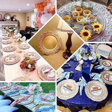 Efavormart Set of 6 Antique White/Gold 14" Round Plastic Charger Plates With Engraved Baroque Design Rim For Wedding Party Events