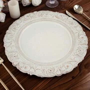 Efavormart Set of 6 Antique White/Gold 14" Round Plastic Charger Plates With Engraved Baroque Design Rim For Wedding Party Events
