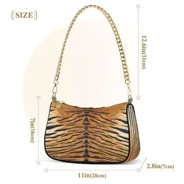 Animal Tiger Skin Print Shoulder Handbags for Women Travel Hobo Tote Handbag Women Gold Chain Shoulder Bags Purse with Zipper Closure