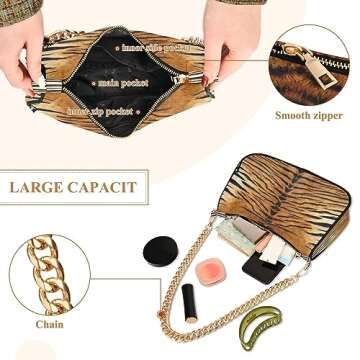 Animal Tiger Skin Print Shoulder Handbags for Women Travel Hobo Tote Handbag Women Gold Chain Shoulder Bags Purse with Zipper Closure