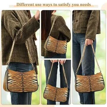 Animal Tiger Skin Print Shoulder Handbags for Women Travel Hobo Tote Handbag Women Gold Chain Shoulder Bags Purse with Zipper Closure