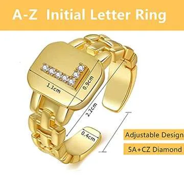 Apzzic Initial A-Z Letter Open Rings Gold Plated CZ Chunky Statement Rings Adjustable Alphabet Letter Name Ring for Women Men Letter H