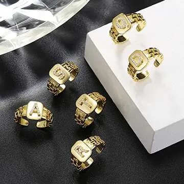Apzzic Initial A-Z Letter Open Rings Gold Plated CZ Chunky Statement Rings Adjustable Alphabet Letter Name Ring for Women Men Letter H