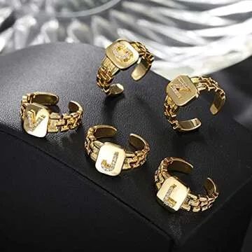 Apzzic Initial A-Z Letter Open Rings Gold Plated CZ Chunky Statement Rings Adjustable Alphabet Letter Name Ring for Women Men Letter H