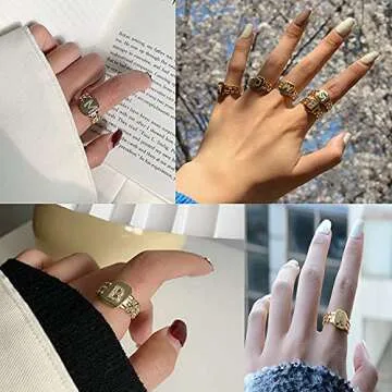 Apzzic Initial A-Z Letter Open Rings Gold Plated CZ Chunky Statement Rings Adjustable Alphabet Letter Name Ring for Women Men Letter H