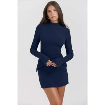 YMDUCH Women's Long Sleeve Mock Turtle Neck Bodycon Mini Tank Short Party Dress Navy