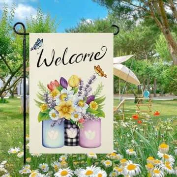 Spring Garden Flag 12x18 Inch Double Sided, Welcome Floral Spring Flag Yard Flag for Seasonal Outdoo...