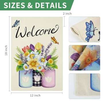 Spring Garden Flag 12x18 Inch Double Sided, Welcome Floral Spring Flag Yard Flag for Seasonal Outdoor Decoration