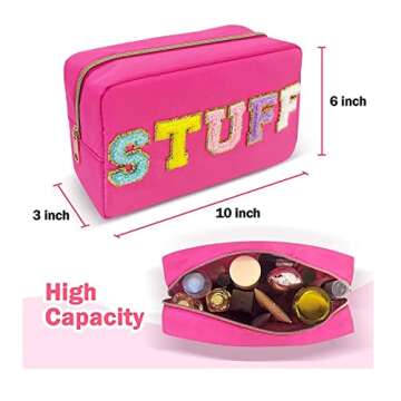 Yiuwccd Preppy Makeup Bag with Chenille Letter Patch, Nylon Cosmetic Bag, Portable Travel Organizer Bag for Women, Toiletry Skincare Zipper Stuff Bags, Rose STUFF