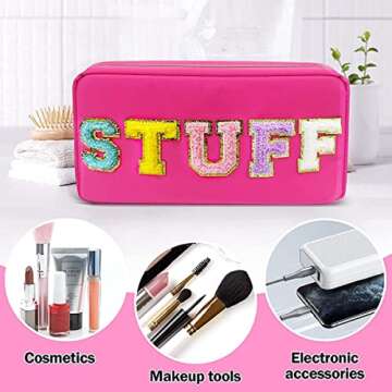 Yiuwccd Preppy Makeup Bag with Chenille Letter Patch, Nylon Cosmetic Bag, Portable Travel Organizer Bag for Women, Toiletry Skincare Zipper Stuff Bags, Rose STUFF