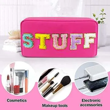 Yiuwccd Preppy Makeup Bag with Chenille Letter Patch, Nylon Cosmetic Bag, Portable Travel Organizer Bag for Women, Toiletry Skincare Zipper Stuff Bags, Rose STUFF