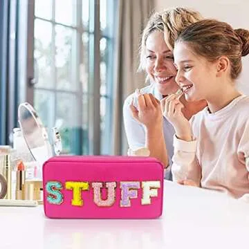 Yiuwccd Preppy Makeup Bag with Chenille Letter Patch, Nylon Cosmetic Bag, Portable Travel Organizer Bag for Women, Toiletry Skincare Zipper Stuff Bags, Rose STUFF