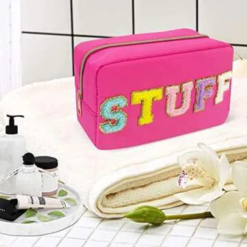 Yiuwccd Preppy Makeup Bag with Chenille Letter Patch, Nylon Cosmetic Bag, Portable Travel Organizer Bag for Women, Toiletry Skincare Zipper Stuff Bags, Rose STUFF