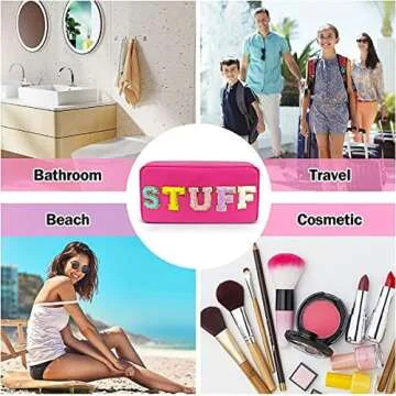 Yiuwccd Preppy Makeup Bag with Chenille Letter Patch, Nylon Cosmetic Bag, Portable Travel Organizer Bag for Women, Toiletry Skincare Zipper Stuff Bags, Rose STUFF