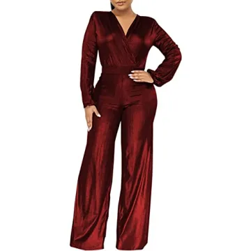 ZonJie Sexy Burgundy Jumpsuit Elegant Deep V Neck Women