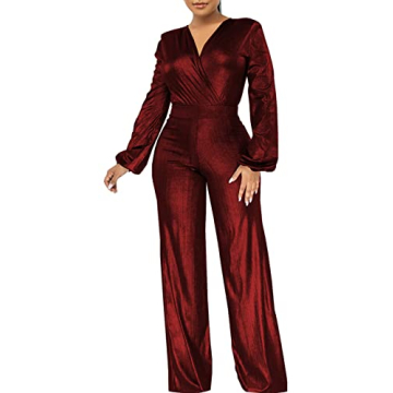 ZonJie Sexy Burgundy Jumpsuit Elegant Deep V Neck Women
