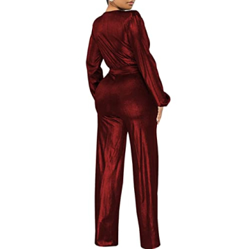 ZonJie Sexy Burgundy Jumpsuit Elegant Deep V Neck Women