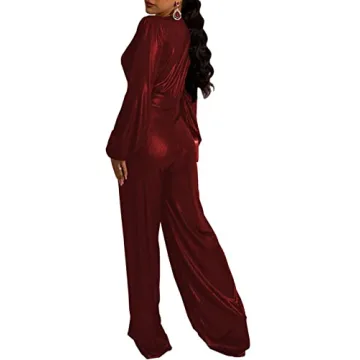 ZonJie Sexy Burgundy Jumpsuit Elegant Deep V Neck Women