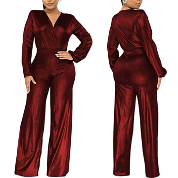 ZonJie Sexy Burgundy Jumpsuit Elegant Deep V Neck Women