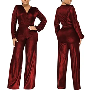 ZonJie Sexy Burgundy Jumpsuit Elegant Deep V Neck Women