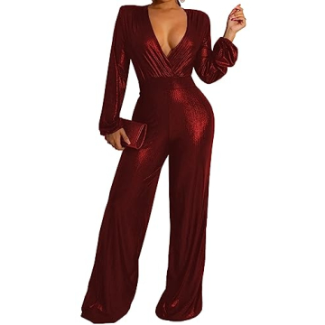 ZonJie Sexy Burgundy Jumpsuit Elegant Deep V Neck Women