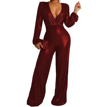 ZonJie Sexy Burgundy Jumpsuit Elegant Deep V Neck Women