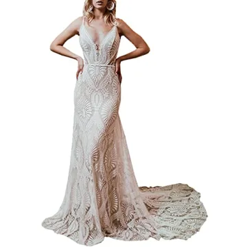 Ever Girl Women's Beach Wedding Dresses for Bride 2022 Vintage Lace Bohemian Bridal Gown Color US4