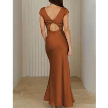 Halfisland Womens Summer Satin V Neck Cap Sleeve Backless Maxi Dress Elegant Twist Cut Out Midi Dres...